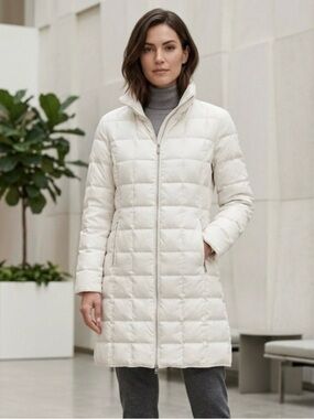 Anne Klein Off-White Quilted Long Puffer Coat Jacket - Medium